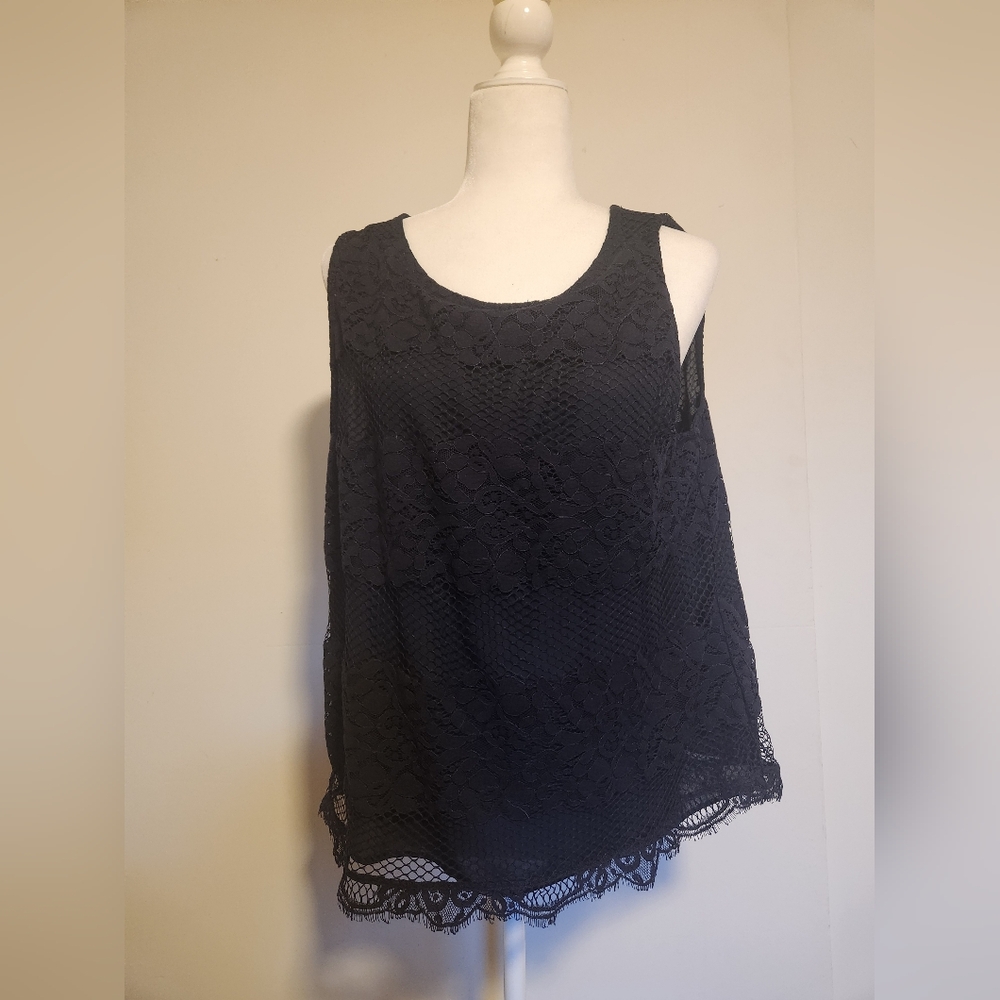 Ann Taylor LOFT Dark Navy Blue Lace Crochet Tank Top Blouse Large L EUC - Picture 1 of 6